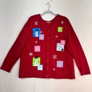 CJ Banks Winter Holiday Snowman Embroidered Buttoned Cardigan Sweater Size 1X